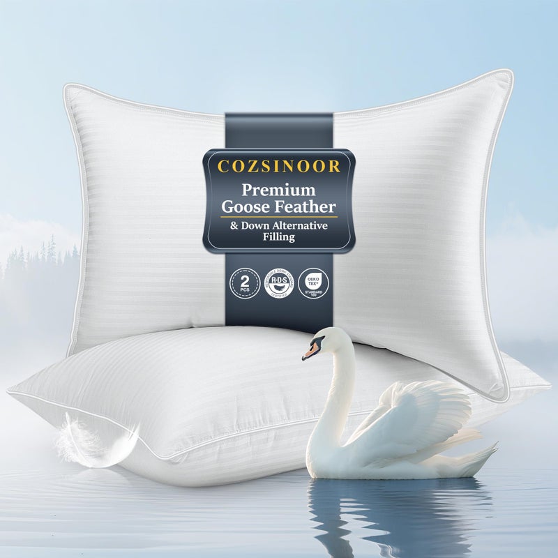 COZSINOOR Goose Feather Pillows Queen Size Set of 2 - Hotel Down Bed Pillow for Sleeping, Soft 600 TC Cotton Cover, Fluffy Support Surround Fill Down Alternative for Back, Stomach, Side Sleepers - Image 1