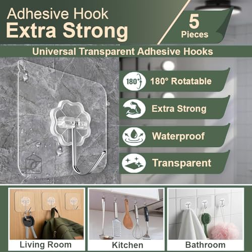 DALUCI Self Adhesive Wall Hooks - 5 Pcs Heavy Duty 10 KG Wall Hooks for Hanging | Nail Free Sticky Hooks for Wall Heavy Items, No Drill, Reusable Transparent Wall Hanger Hook (Flower Hook, 5) - Image 2