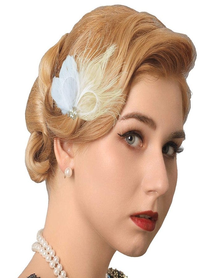 GENBREE 1920s Flapper Headpiece White Feather Hair Clip Rhinestone Pearl Headband Prom Party Hair Accessories for Women - Image 2