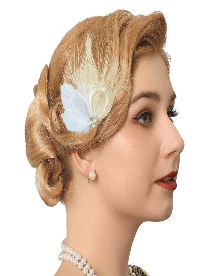 GENBREE 1920s Flapper Headpiece White Feather Hair Clip Rhinestone Pearl Headband Prom Party Hair Accessories for Women - Image 4