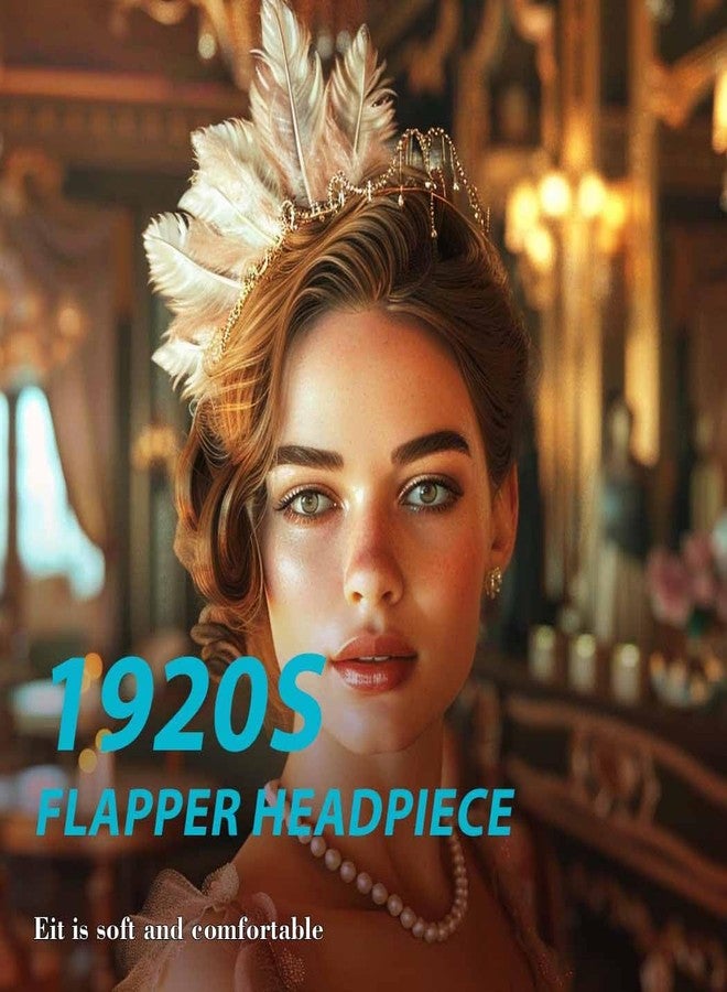 GENBREE 1920s Flapper Headpiece White Feather Hair Clip Rhinestone Pearl Headband Prom Party Hair Accessories for Women - Image 3