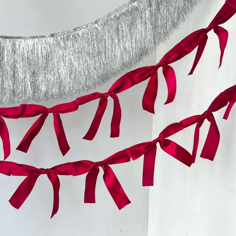 Eanjia Pre-Assembled Red Bow Garland | Double Side Satin Silk Bow Banner 6FT+ 3ft Extend Ribbon for Coquette Birthday Bridal Shower & Bachelorette Party,Read to Hanging (Red, 6ft) - Image 1