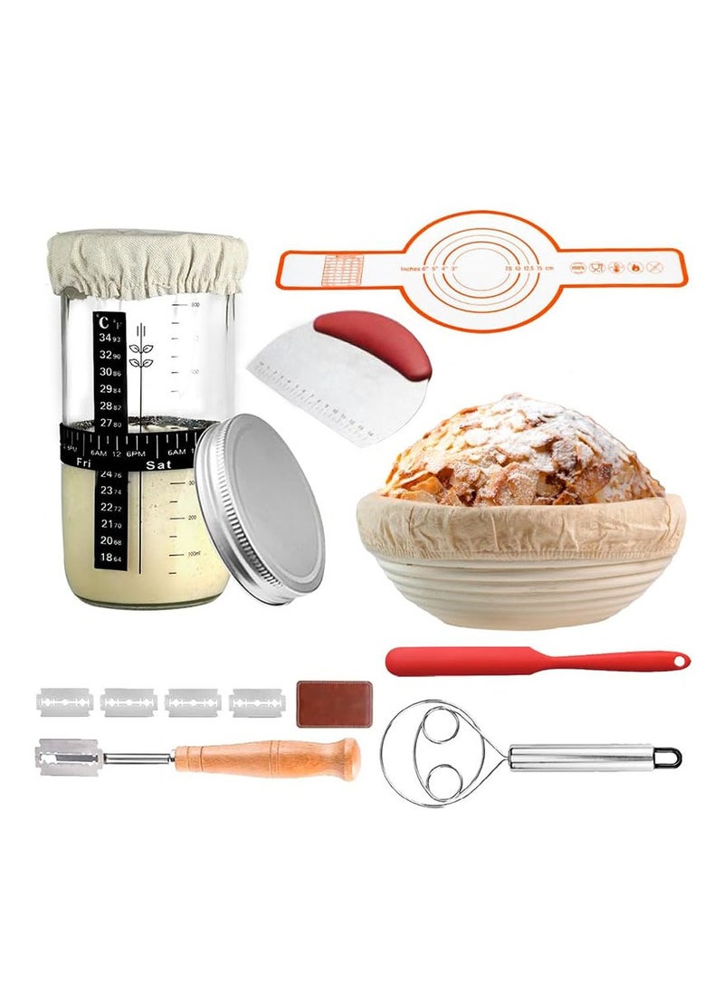 Furtey Sourdough Starter Kit Banneton Bread Proofing Basket Set, 1000ml/34oz Large Capacity Sourdough Starter Jar, with silicone bread sling, for Reusable Bread Making Baking Fermentation Supplies  - Image 1