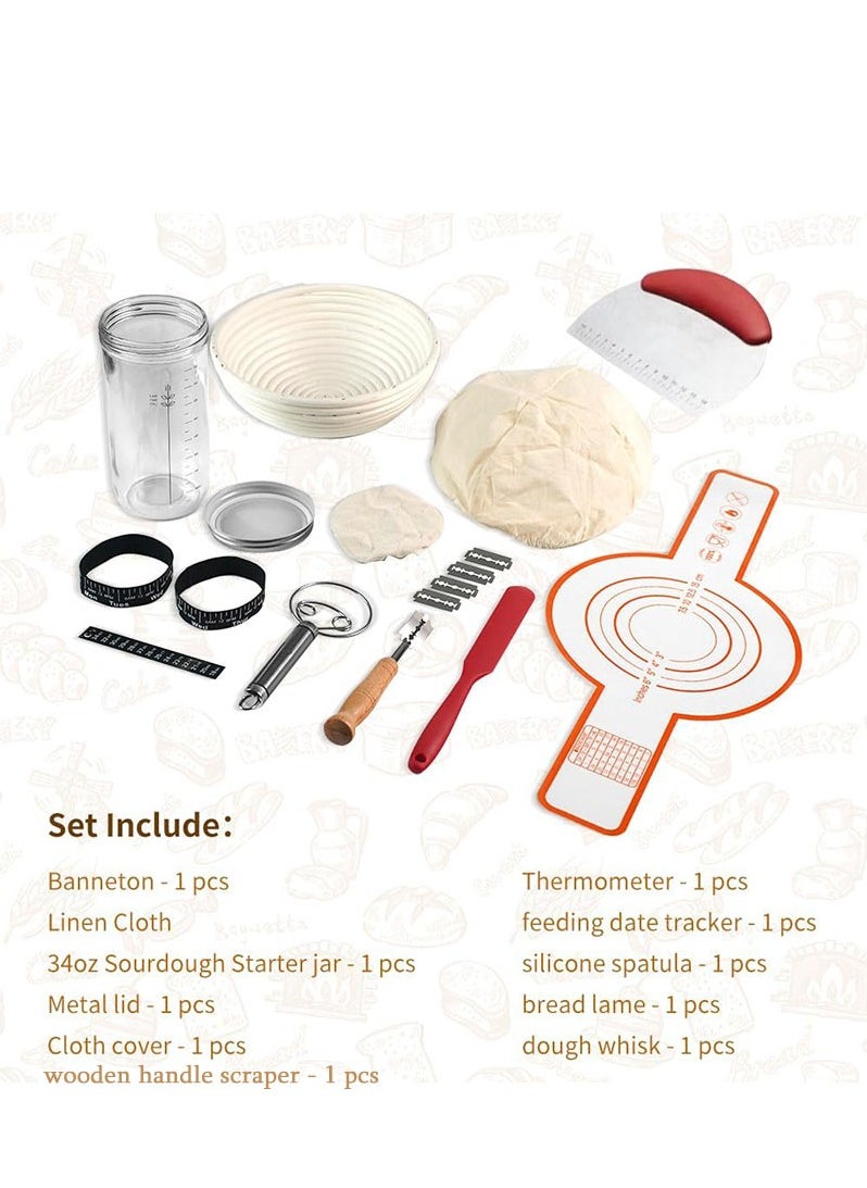Furtey Sourdough Starter Kit Banneton Bread Proofing Basket Set, 1000ml/34oz Large Capacity Sourdough Starter Jar, with silicone bread sling, for Reusable Bread Making Baking Fermentation Supplies  - Image 2