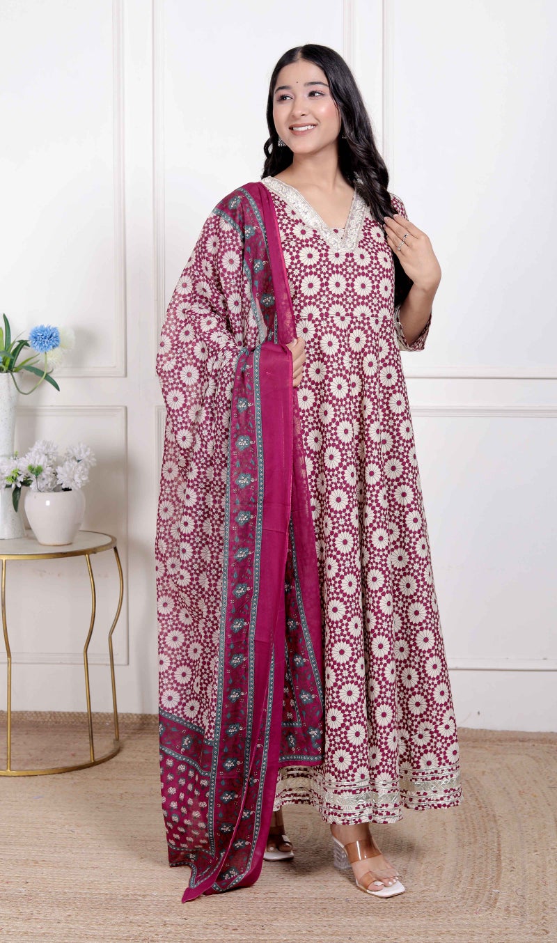 Miravan Women's Cream Embroidered Cotton Anarkali Kurta and Dupatta - Image 2