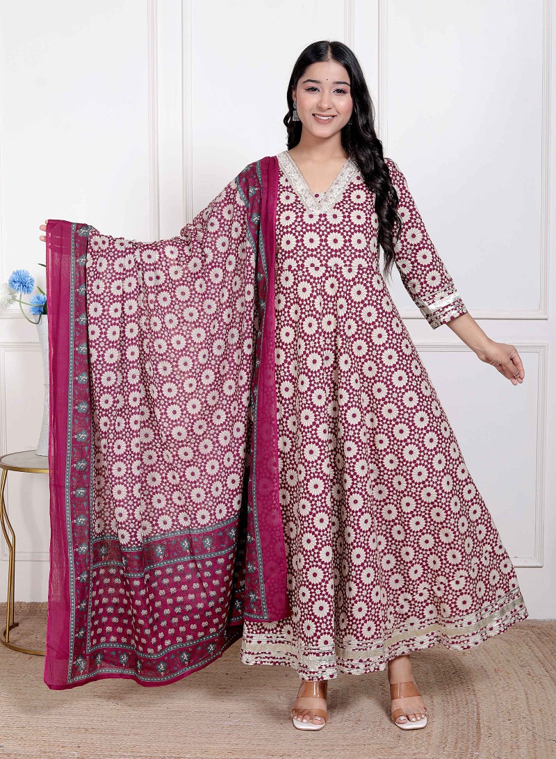 Miravan Women's Cream Embroidered Cotton Anarkali Kurta and Dupatta - Image 1