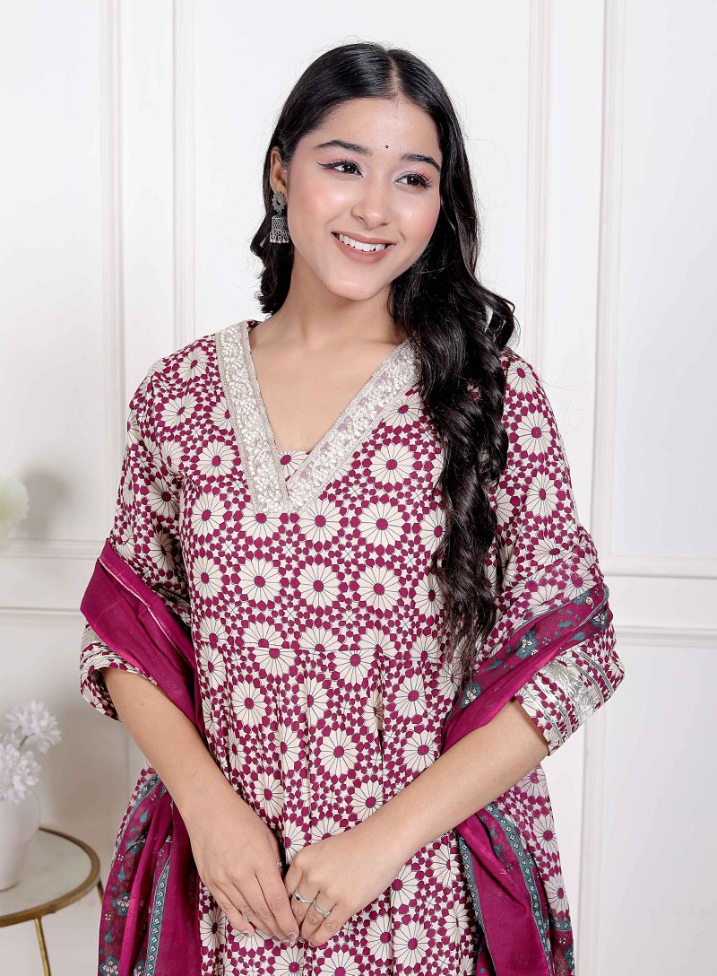 Miravan Women's Cream Embroidered Cotton Anarkali Kurta and Dupatta - Image 4
