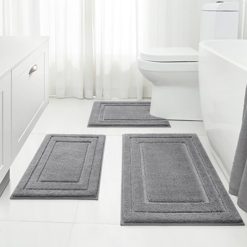 HOMEIDEAS Bathroom Rugs Sets 3 Piece Super Soft and Absorbent Non Slip Microfiber Toilet Bath Mat with UShaped Grey