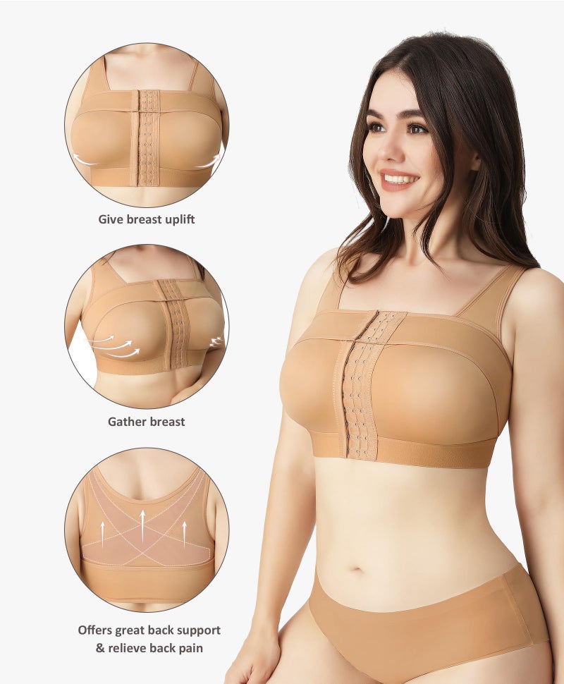 FeelinGirl Post-Surgery Front Closure CompressionBra for Women Posture Corrector Tops with Breast Support Band Beige XXL - Image 4
