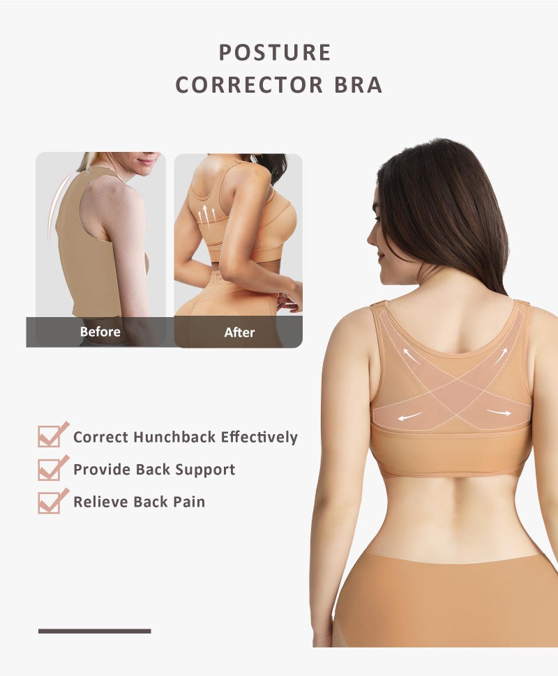 FeelinGirl Post-Surgery Front Closure CompressionBra for Women Posture Corrector Tops with Breast Support Band Beige XXL - Image 2