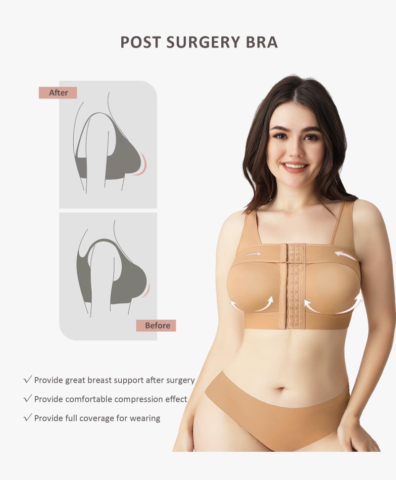 FeelinGirl Post-Surgery Front Closure CompressionBra for Women Posture Corrector Tops with Breast Support Band Beige XXL - Image 3
