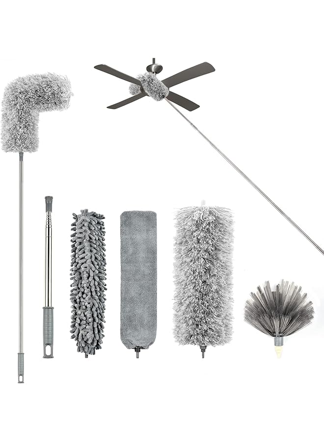 promass 6pcs Microfiber Duster with Premium Window Squeegee, Dusters with Extension Pole (Stainless Steel) 30 to 100'', Washable, Bendable Extendable Long Feather Duster for Household Cleaning - Image 1