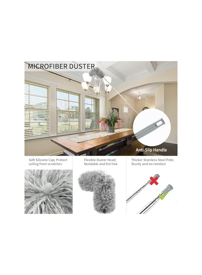 promass 6pcs Microfiber Duster with Premium Window Squeegee, Dusters with Extension Pole (Stainless Steel) 30 to 100'', Washable, Bendable Extendable Long Feather Duster for Household Cleaning - Image 2