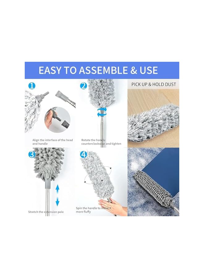 promass 6pcs Microfiber Duster with Premium Window Squeegee, Dusters with Extension Pole (Stainless Steel) 30 to 100'', Washable, Bendable Extendable Long Feather Duster for Household Cleaning - Image 4