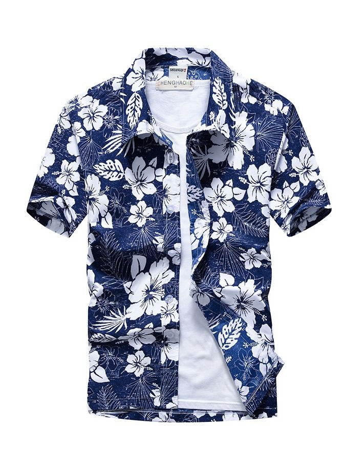 NIBEMINENT Summer Short Sleeve Shirt Men's Loose Beach Flower Hawaii Seaside Resort Travel Printed