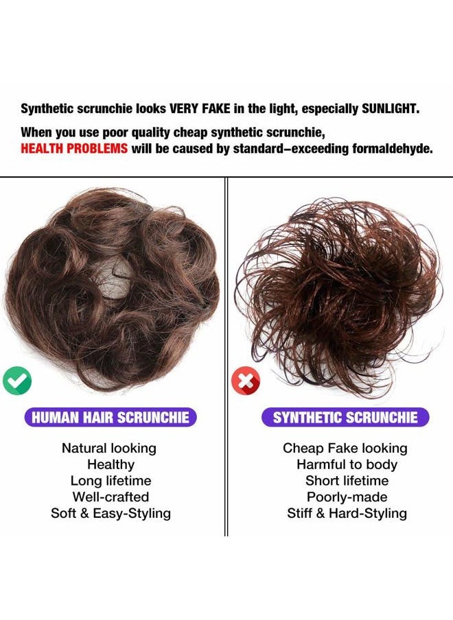 Bella Hair - 100% Human Hair Scrunchie for Women Messy Bun Up-Do Hair Piece Wavy/Curly Ponytail Extensions (#4 Chocolate Brown/Dark Golden Brown) - Image 1