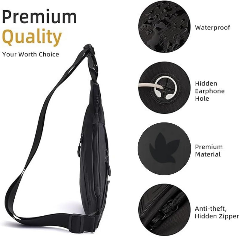 KUNFAIT Waterproof Unisex Crossbody Waist Bag Fanny Pack for Women Men Boomerang Style Sling Bags Side Shoulder Chest Bag Belt Pouch for Outdoor Travel Hiking Sports Money Mobile (Dark Black) - Image 2