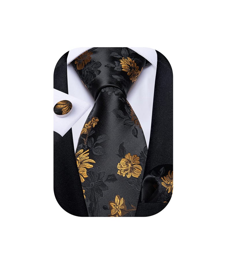 DiBanGu Men Golden Black Floral Neckties Silk Black Floral Tie and Pocket Square Cufflinks Party Wedding - Image 1