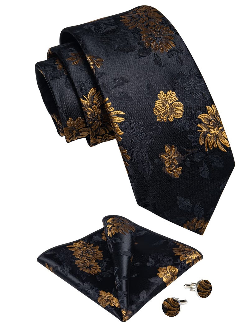 DiBanGu Men Golden Black Floral Neckties Silk Black Floral Tie and Pocket Square Cufflinks Party Wedding - Image 2