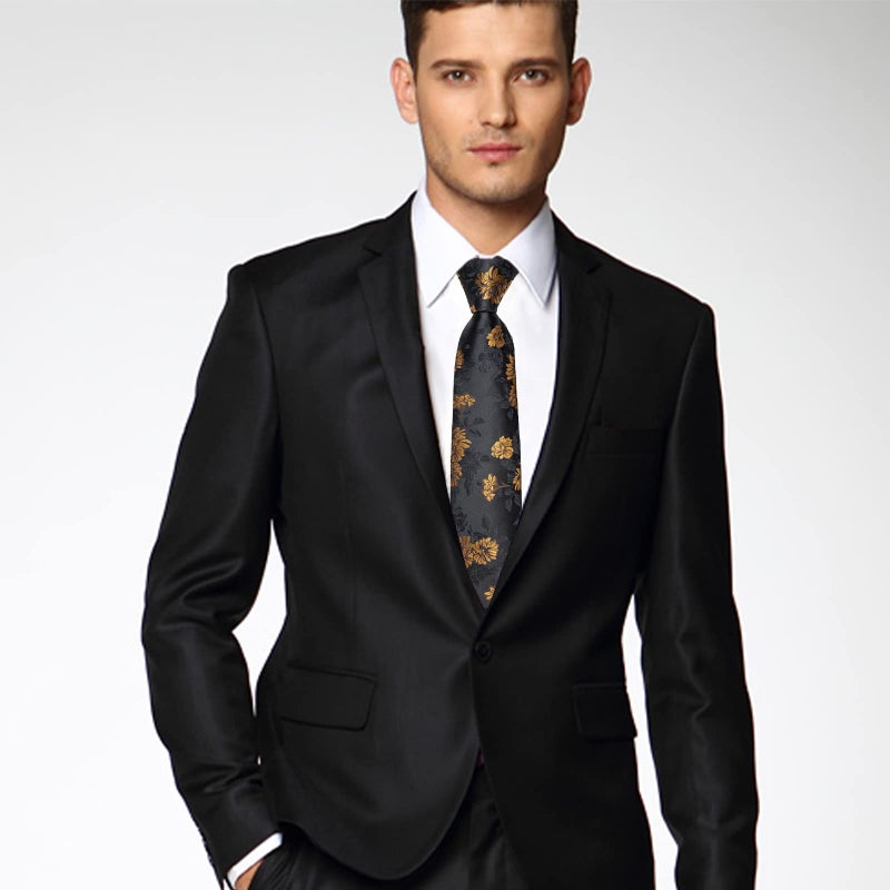 DiBanGu Men Golden Black Floral Neckties Silk Black Floral Tie and Pocket Square Cufflinks Party Wedding - Image 4