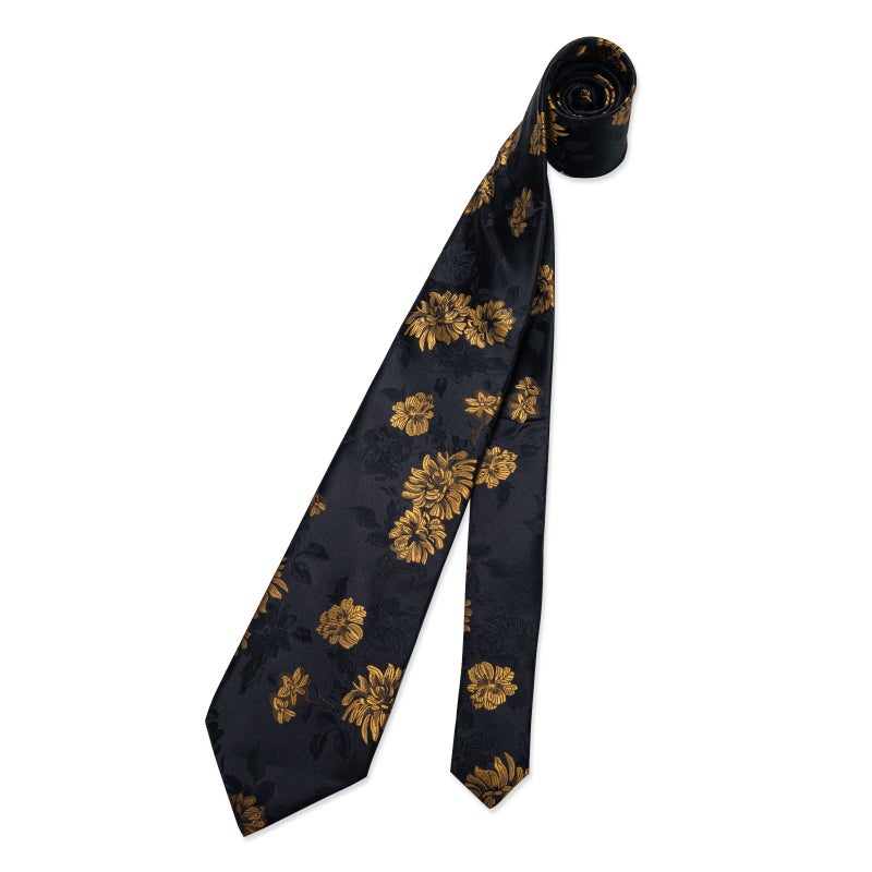 DiBanGu Men Golden Black Floral Neckties Silk Black Floral Tie and Pocket Square Cufflinks Party Wedding - Image 5