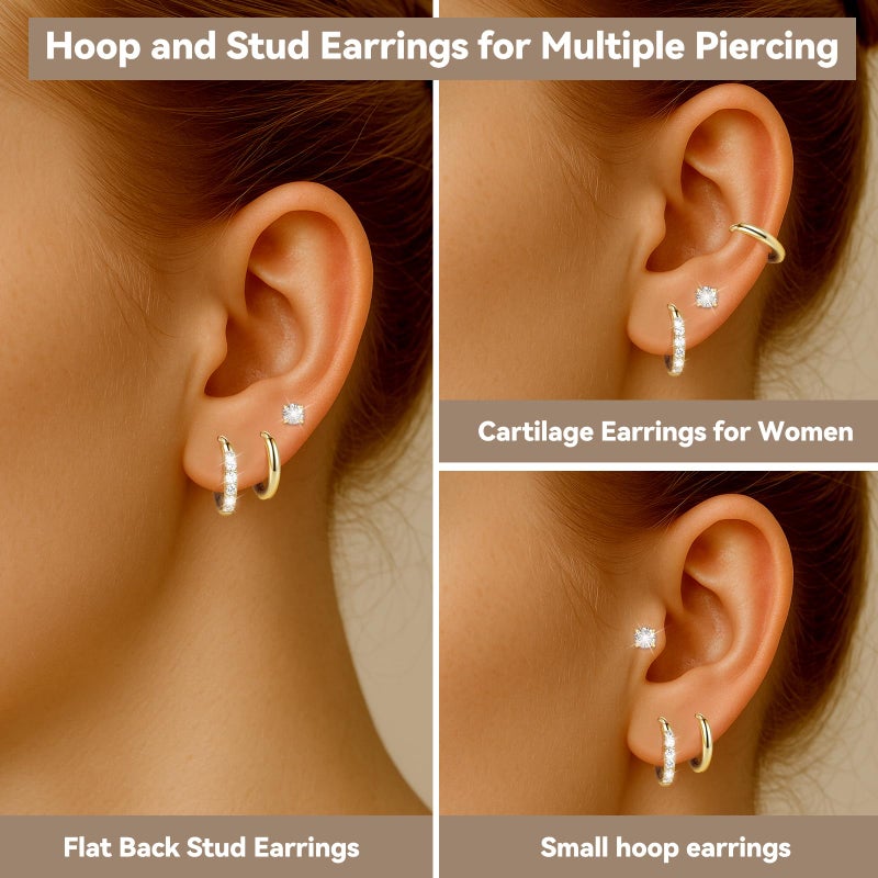 GingYing Gold Stud Hoop Earrings:Hypoallergenic Surgical Stainless Steel Small Cartilage Huggie Hoop Earrings Flat Back Earrings Screw Back and Flatback Stud Earrings for Women Multiple Piercing Sensitive Ears (Gold-(6mm+8mm)hoop earrings+4mm cz stud earrings) - Image 5