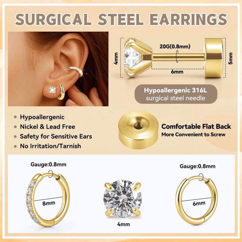 GingYing Gold Stud Hoop Earrings:Hypoallergenic Surgical Stainless Steel Small Cartilage Huggie Hoop Earrings Flat Back Earrings Screw Back and Flatback Stud Earrings for Women Multiple Piercing Sensitive Ears (Gold-(6mm+8mm)hoop earrings+4mm cz stud earrings) - Image 2
