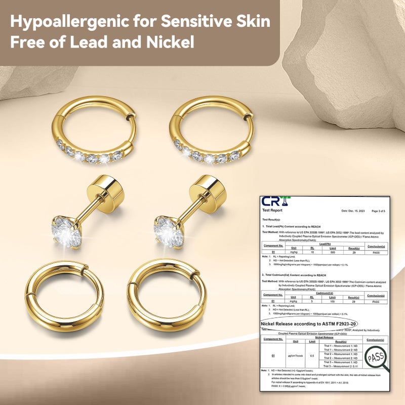 GingYing Gold Stud Hoop Earrings:Hypoallergenic Surgical Stainless Steel Small Cartilage Huggie Hoop Earrings Flat Back Earrings Screw Back and Flatback Stud Earrings for Women Multiple Piercing Sensitive Ears (Gold-(6mm+8mm)hoop earrings+4mm cz stud earrings) - Image 3