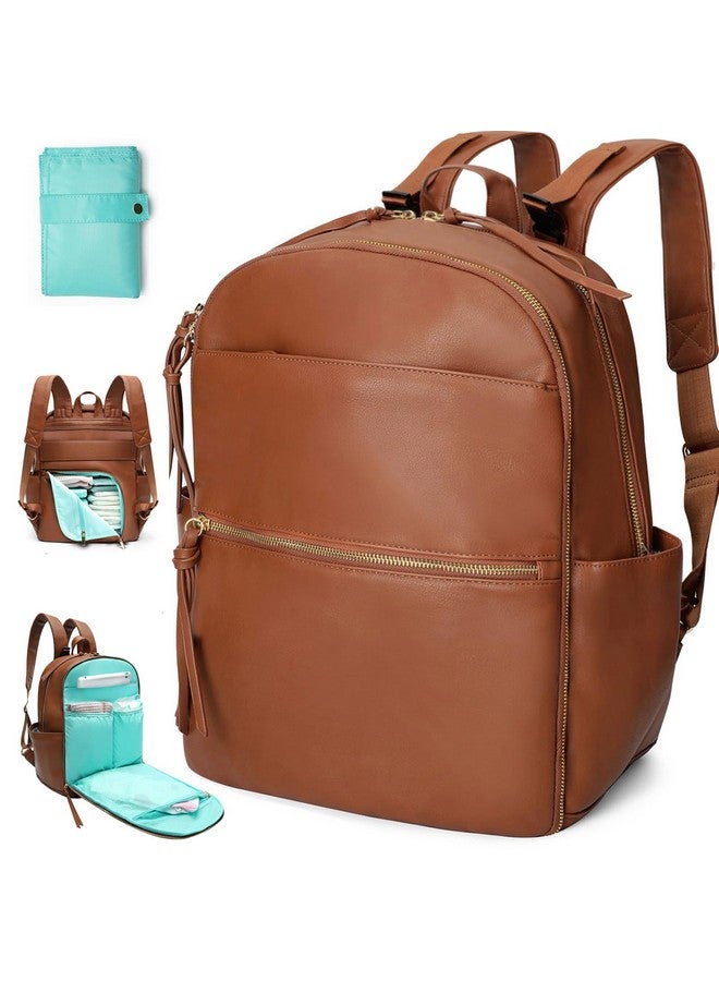 MOMINSIDE حقيبة ظهر لحفاضات MOMINSIDE مع 6 جيوب معزولة، حقيبة حفاضات جلدية، حقيبة كبيرة للأم، سجل المولود، 18 جيب، وسادة تغيير، أحزمة عربة (بني) - Image 1