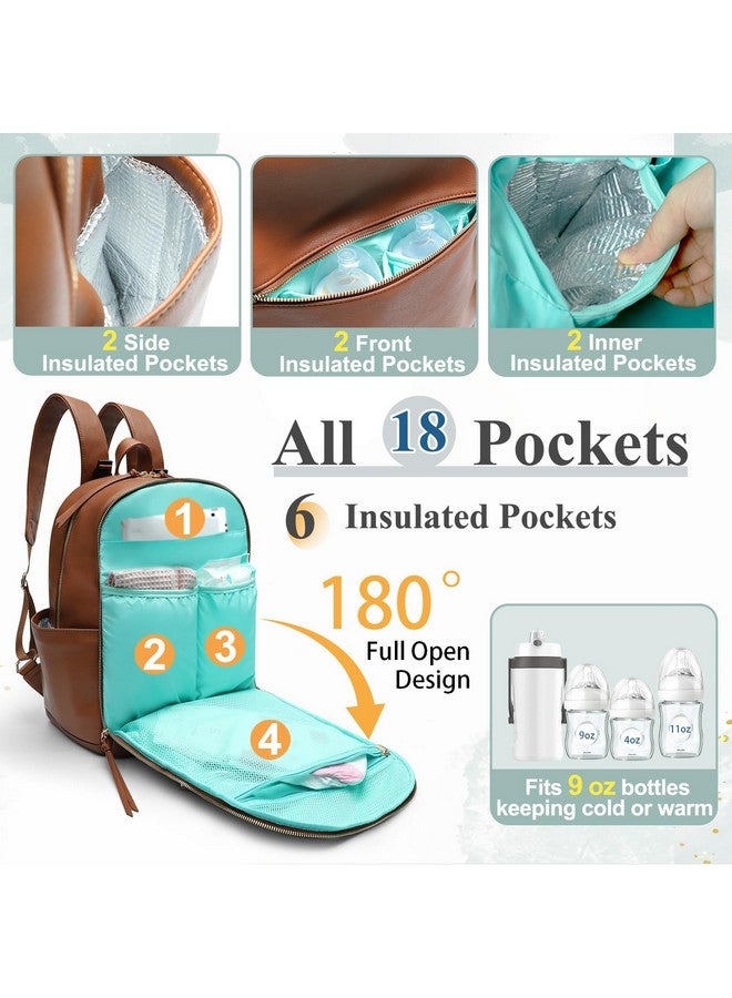 MOMINSIDE حقيبة ظهر لحفاضات MOMINSIDE مع 6 جيوب معزولة، حقيبة حفاضات جلدية، حقيبة كبيرة للأم، سجل المولود، 18 جيب، وسادة تغيير، أحزمة عربة (بني) - Image 3