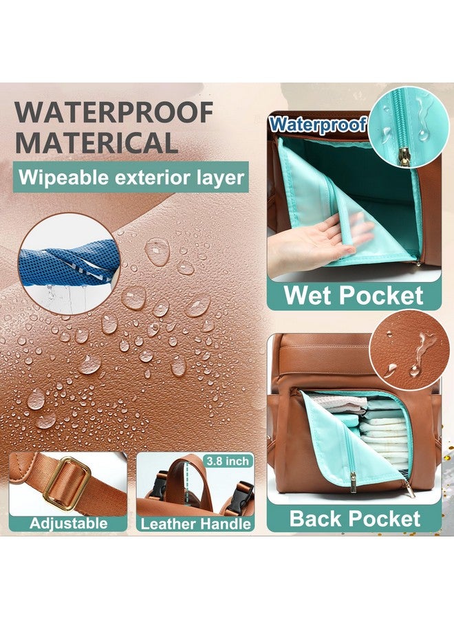 MOMINSIDE حقيبة ظهر لحفاضات MOMINSIDE مع 6 جيوب معزولة، حقيبة حفاضات جلدية، حقيبة كبيرة للأم، سجل المولود، 18 جيب، وسادة تغيير، أحزمة عربة (بني) - Image 4