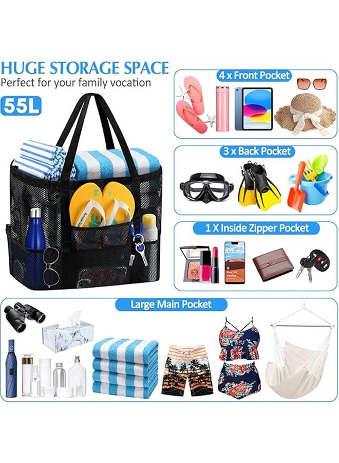 Ocean Mesh Beach Bag, Lightweight & Foldable Beach Tote Bag with Zipper and Pockets, Ideal for Family Beach Trip for Women, Waterproof & Sandproof Mesh Bag for Beach Toys - Image 3