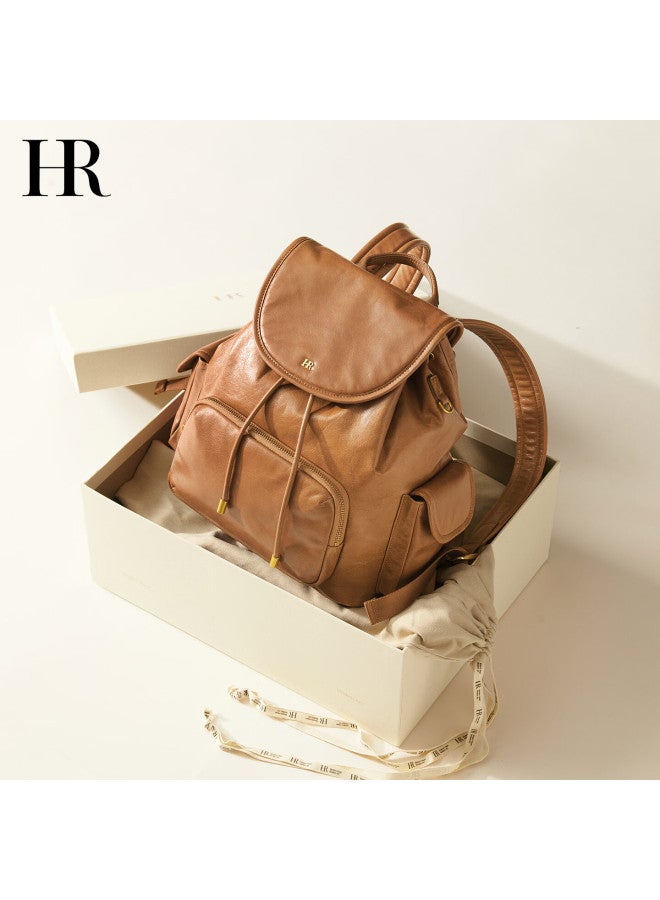 Hrhr Fashion Women's Backpack First Layer Cowhide Solid Color Bucket Shape School Bag Commuter Backpack Birthday Gift For Women - Image 2