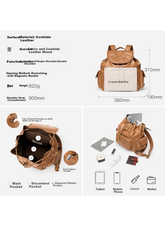 Hrhr Fashion Women's Backpack First Layer Cowhide Solid Color Bucket Shape School Bag Commuter Backpack Birthday Gift For Women - Image 3