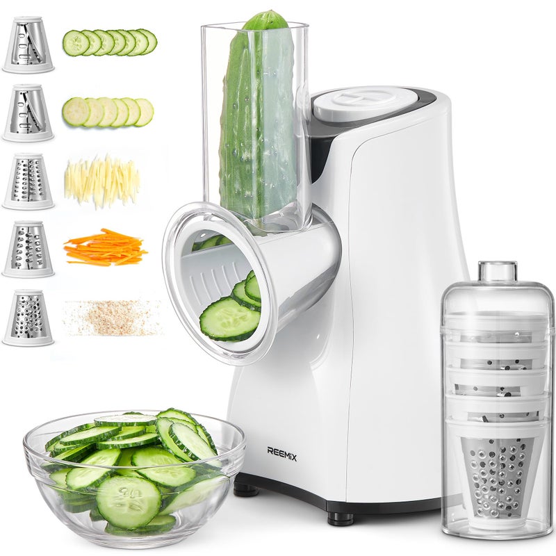 Reemix Electric Cheese Grater, Reemix 5 Multi Blade Cheese Shredder Salad Maker, One Touch Easy Control, Multi Salad Maker for Vegetables, Cheeses and Nuts, White - Image 1