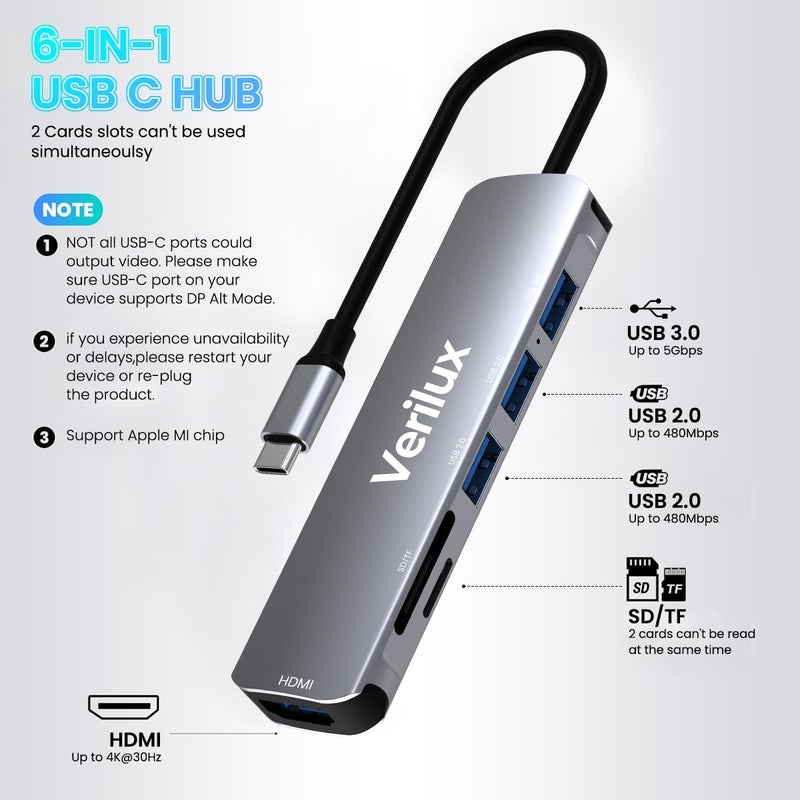 Verilux ® USB C Hub Multiport Adapter- 6 in 1 Portable Aluminum Type C Hub with 4K HDMI Output, USB 2.0/3.0 Ports, SD/Micro SD Card Reader Compatible for MacBook Pro 2016-2020, MacBook Air 2018-2020, Type-C Devices - Image 2