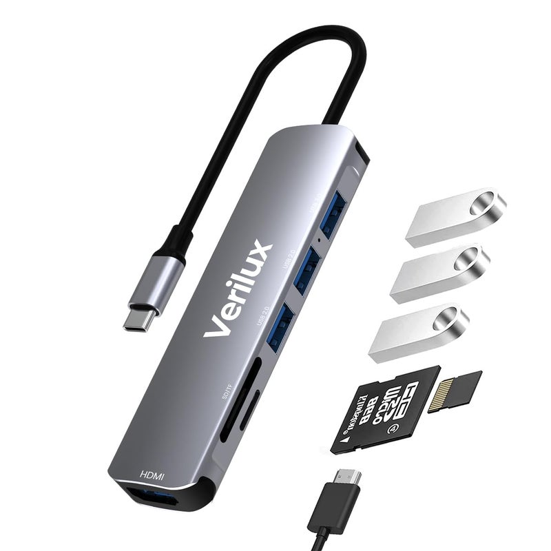 Verilux ® USB C Hub Multiport Adapter- 6 in 1 Portable Aluminum Type C Hub with 4K HDMI Output, USB 2.0/3.0 Ports, SD/Micro SD Card Reader Compatible for MacBook Pro 2016-2020, MacBook Air 2018-2020, Type-C Devices - Image 1