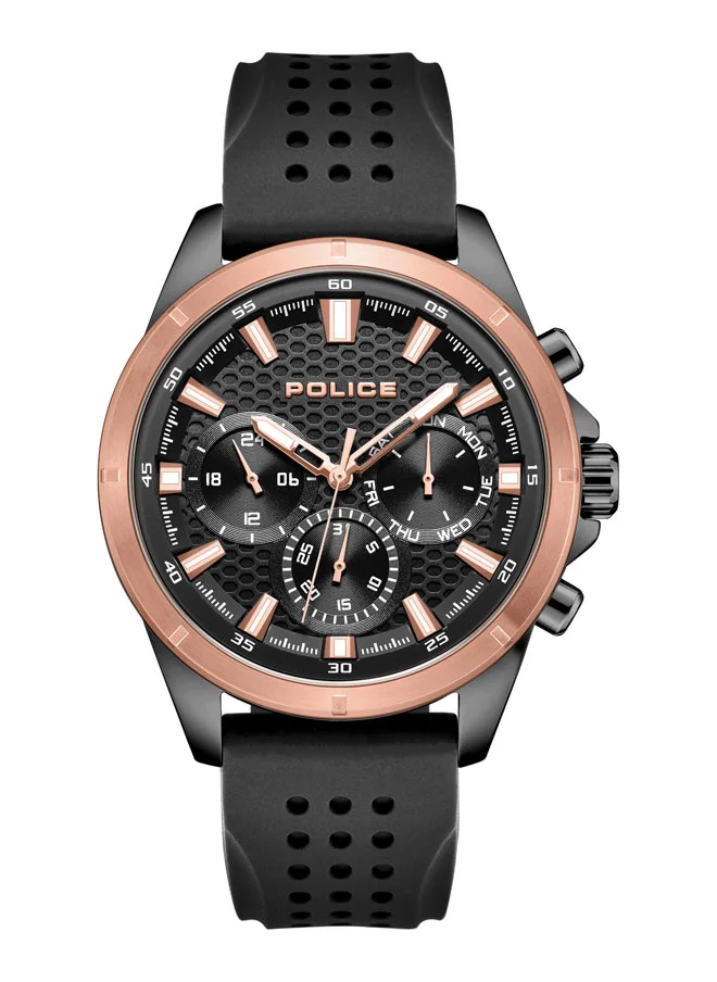 POLICE Motion 45mm Multifunction Watch with Black Honeycomb Texture Dial, IP Rose Gold Topring & Silicone Strap