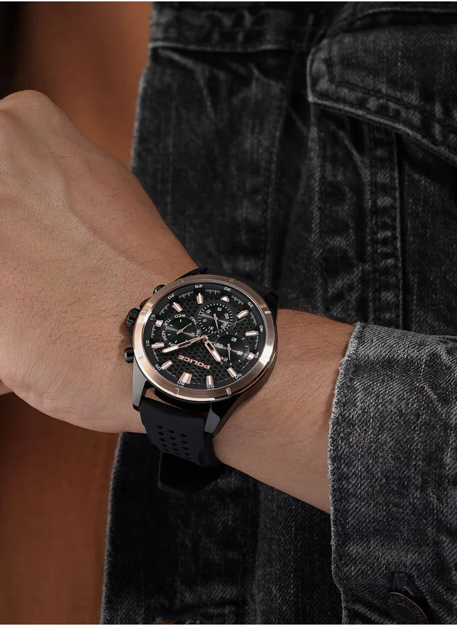 بوليس Men's Motion 45mm Multifunction Watch with Black Honeycomb Texture Dial, IP Rose Gold Topring & Silicone Strap