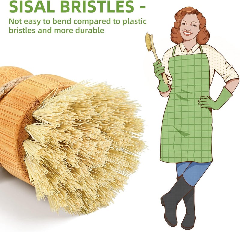 SUBEKYU Bamboo Dish Scrub Brushes, Bubble Up Bamboo Dish Brush Set with Brush Tray, Kitchen Wooden Cleaning Scrubbers Set for Washing Cast Iron Pan/Pot, Natural Sisal +Coconut Palbristles, Set of 2 - Image 2