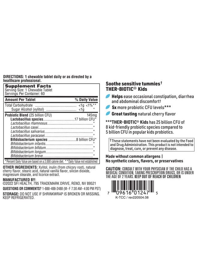Klaire Labs - Ther Biotic Kids Chewable Probiotic 25B Cfu Lactobacillus + Bifidobacterium Probiotics For Kids Gi + Immune Support Cherry Flavor Hypoallergenic Dairy Free (60 Tablets) - Image 1