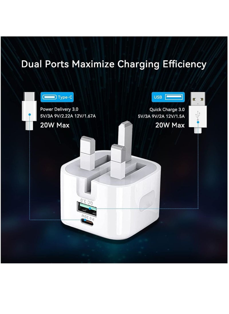 20W USB C Charger Block, 2-Ports [USB-C + USB] Charging Station, QC PD3.0 GaN Fast Charging Block, Type C Power Adapter for iPad Pro/iPhone/Samsung Note/Galaxy (Not with Cable)