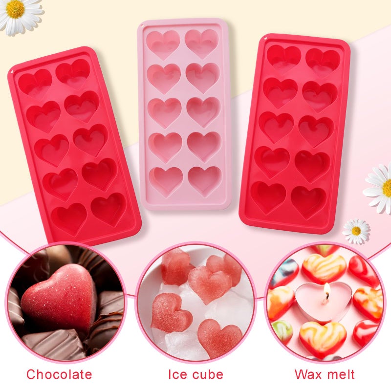 Gvhntk 3 Pcs Heart Shaped Ice Cube Trays - 10-Cavity Silicone Molds in Pink & Red for Ice Cubes, Candy & Chocolate - Image 2