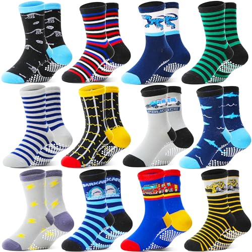 Welwoos Baby Boys Grips Socks Kids Toddlers Infants Non Slip Anti Skid Funny Animal Cartoon Gift Cotton Socks with Grippers 12 Pairs Stocking Stuffers (Dinosaur/Cars/Shark,3-5 Y) - Image 1
