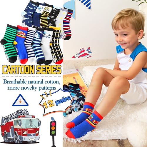 Welwoos Baby Boys Grips Socks Kids Toddlers Infants Non Slip Anti Skid Funny Animal Cartoon Gift Cotton Socks with Grippers 12 Pairs Stocking Stuffers (Dinosaur/Cars/Shark,3-5 Y) - Image 3