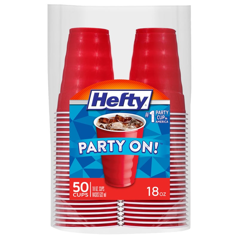 Hefty Party On Red Plastic Cups Disposable Plastic Party Cups for Easy Cleanup and Large Gatherings Red Cups for BBQs Birthdays Parties and More 18 Ounce 50 Count