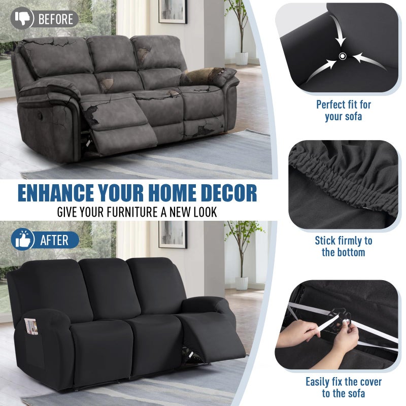 TAOCOCO Recliner Sofa Slipcover, 3 Pieces Polyester Fabric Stretch Sofa Covers for 3 Seat Reclining Couch, Soft Washable Furniture Protector with Pockets (3 Seat, Black) - Image 5