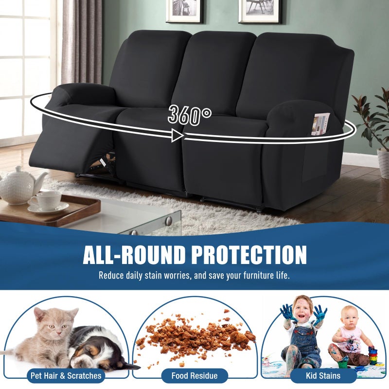 TAOCOCO Recliner Sofa Slipcover, 3 Pieces Polyester Fabric Stretch Sofa Covers for 3 Seat Reclining Couch, Soft Washable Furniture Protector with Pockets (3 Seat, Black) - Image 3