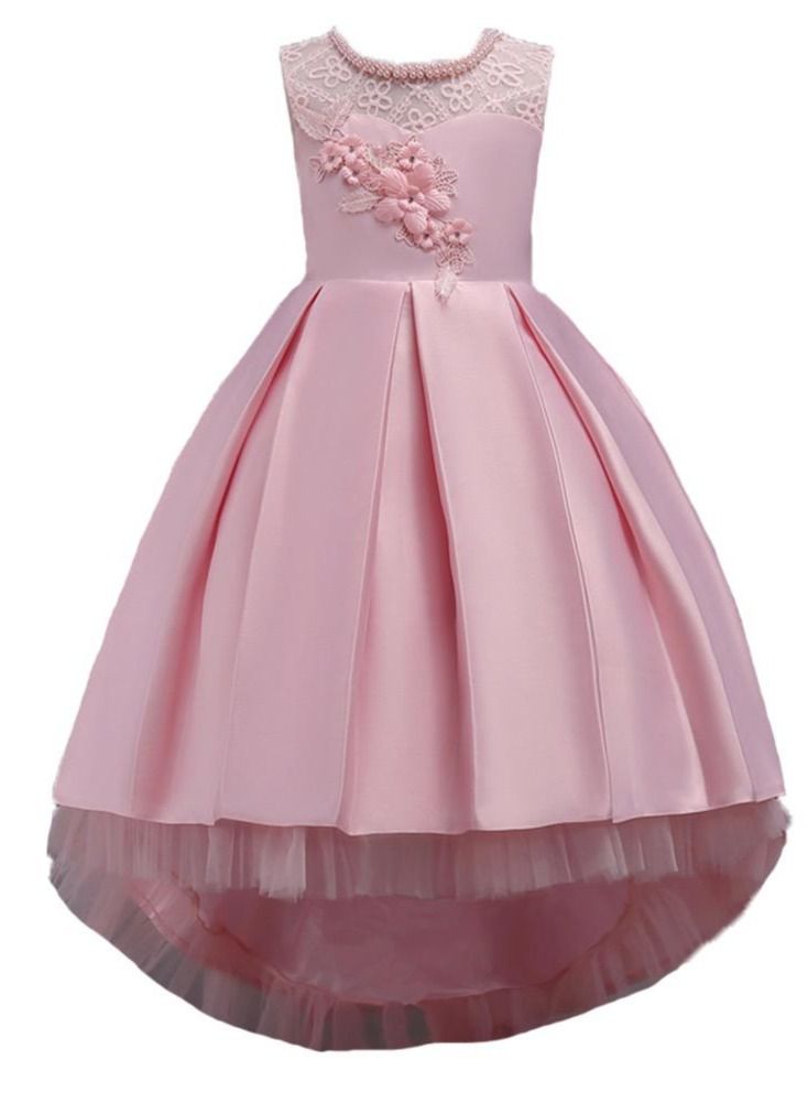 Best Gift Fashion Children's Long Tail Lace Flower Beading Princess Dress Girl Performance Elegant Party Birthday Evening Lady Dresses Pink - Image 1
