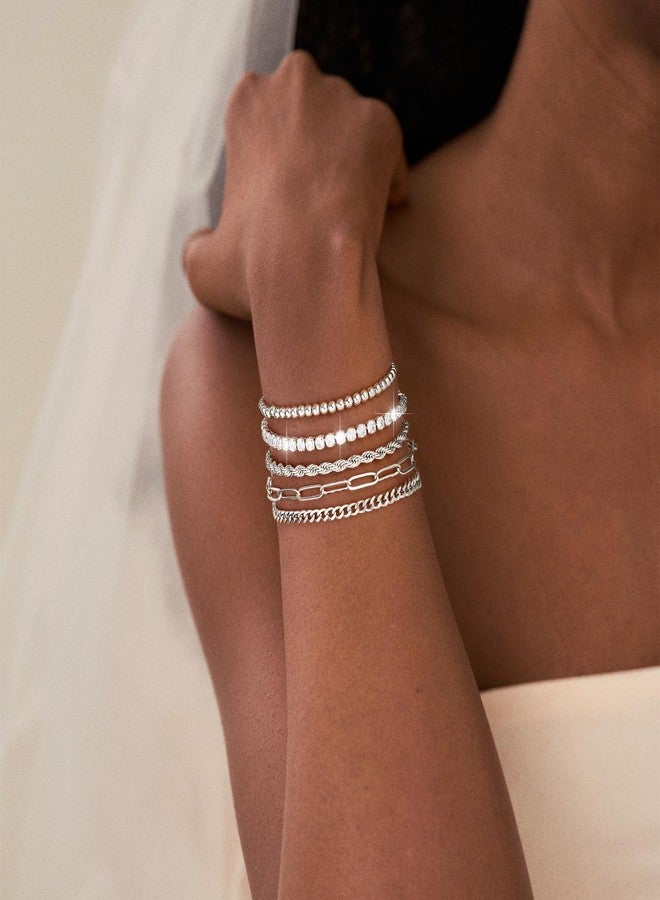 Maxcate Silver Bracelets for Women Trendy Silver Plated Rope Paperclip Cuban Tennis Beaded Link Chain Bracelet Stack Dainty Cubic Zirconia Bracelet Chunky Bracelet Set Silver Jewelry for Women Gifts - Image 4